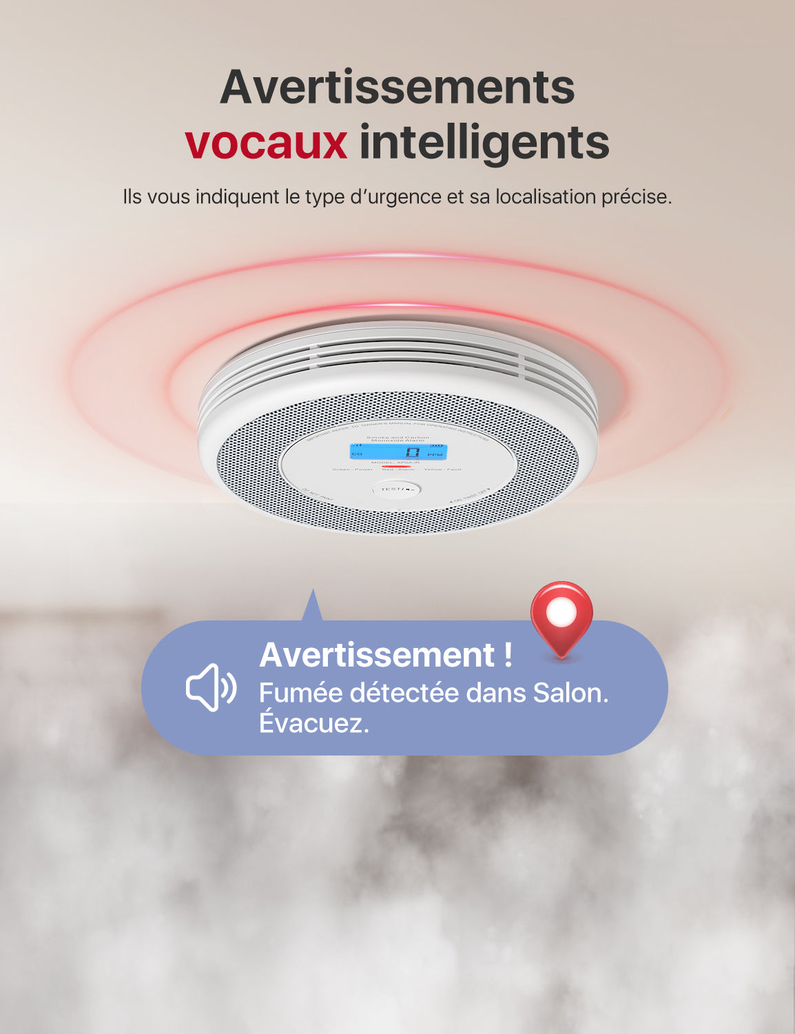 WiFi Détecteur de fumée et de monoxyde de carbone avec alerte vocale, XP0A-iR