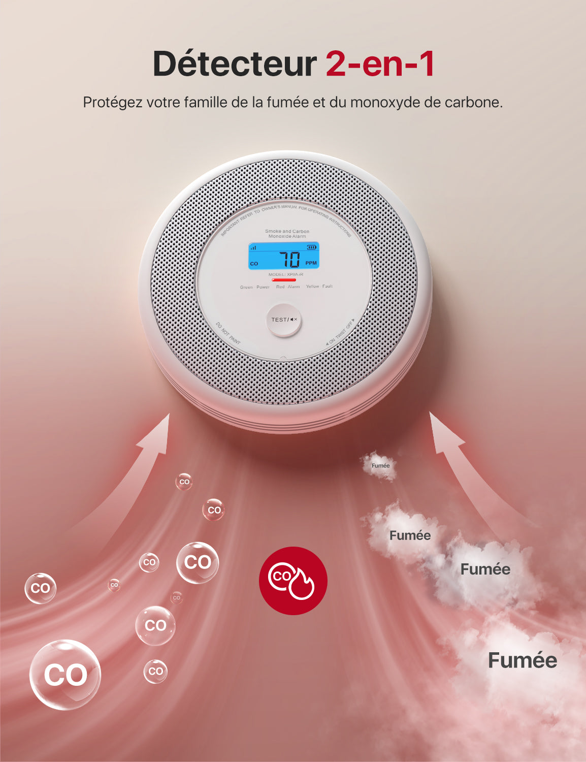 WiFi Détecteur de fumée et de monoxyde de carbone avec alerte vocale, XP0A-iR
