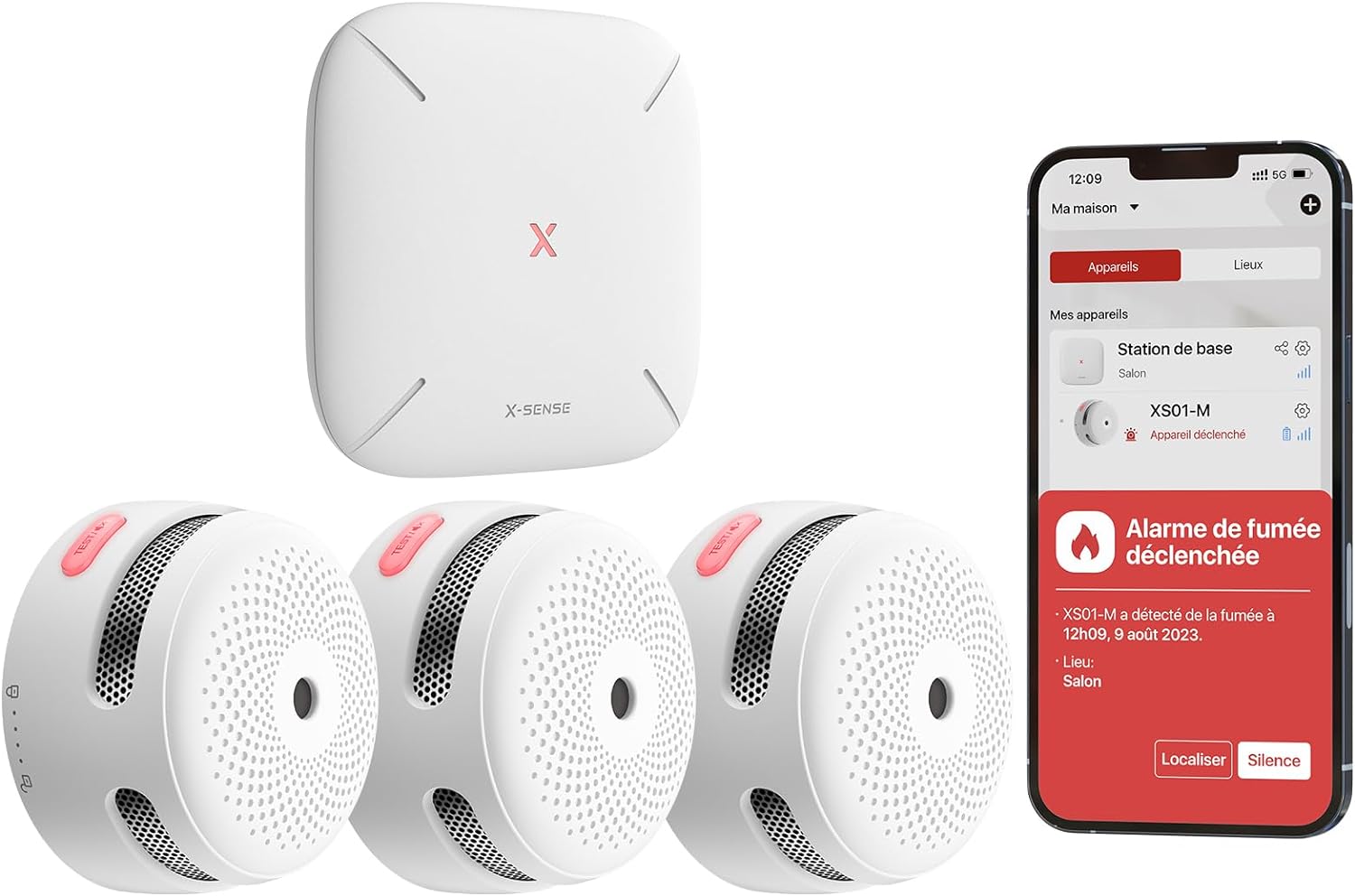 Kit X-Sense FS31, comprenant 3 dispositifs d'interconnexion XS01-M et 1 station de base SBS50