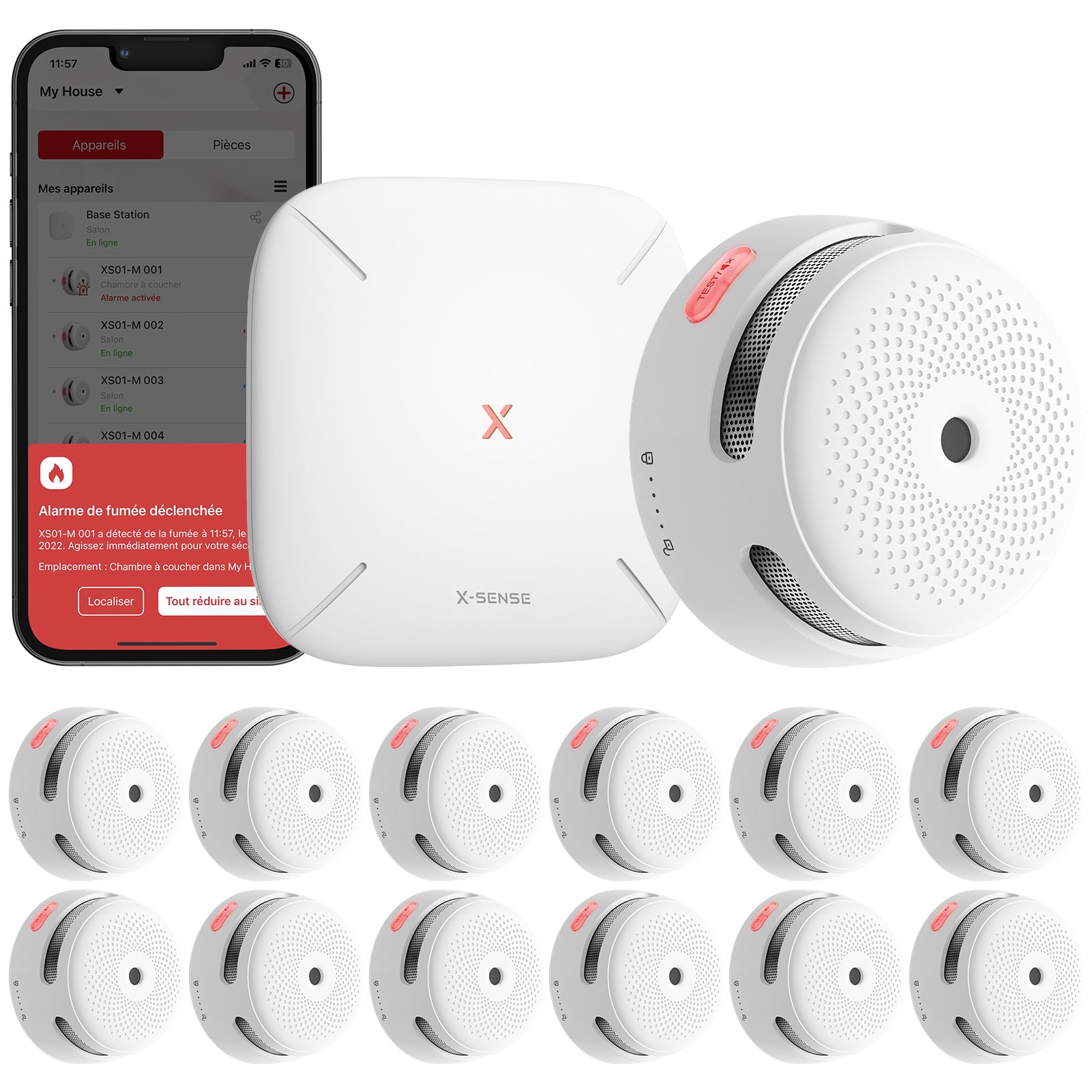 Kit X-Sense FS121, comprenant 12 postes d'étage interconnectés XS01-M et une station de base SBS50