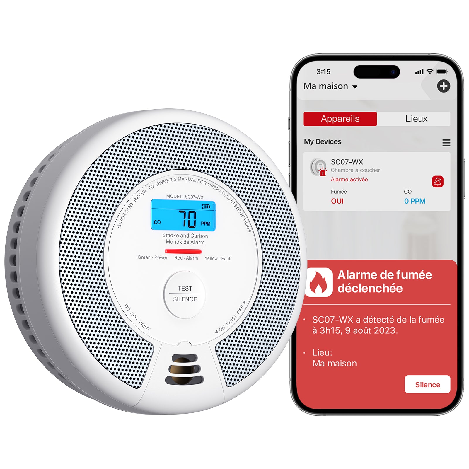 Wi-FI Détecteur de Fumée et de Monoxyde de Carbone, SC07-WX