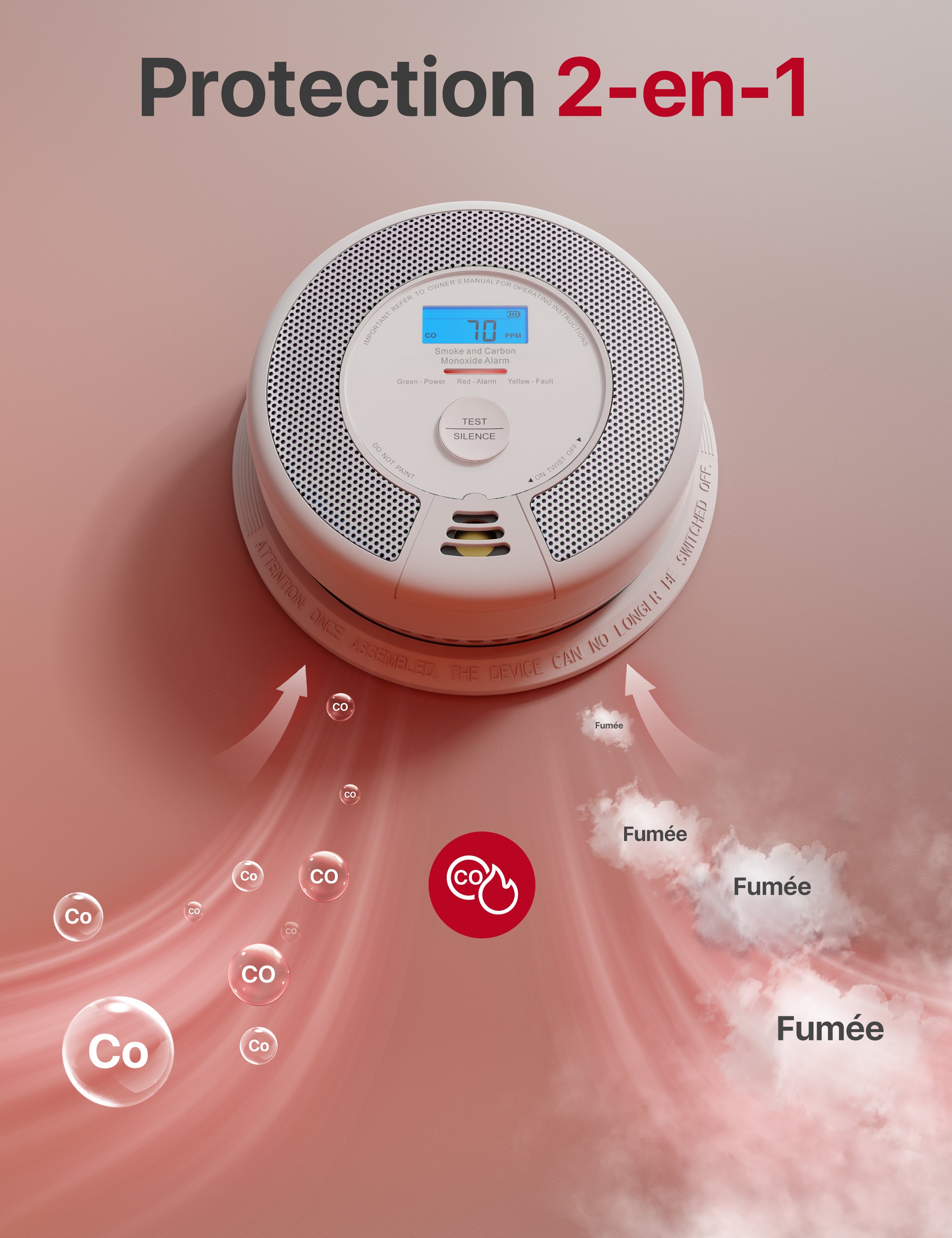 Le détecteur X-SENSE SC07-WX fixé au mur détecte la fumée et le monoxyde de carbone.