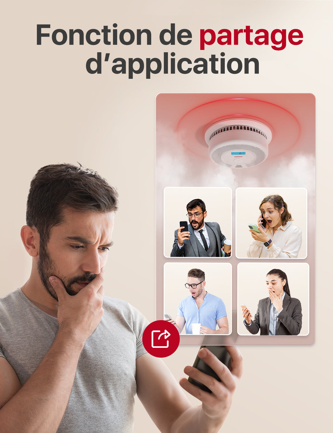 Le détecteur de fumée X-SENSE SC07-WX a déclenché une alarme ; les cinq personnes ont regardé la notification sur leurs téléphones avec panique.