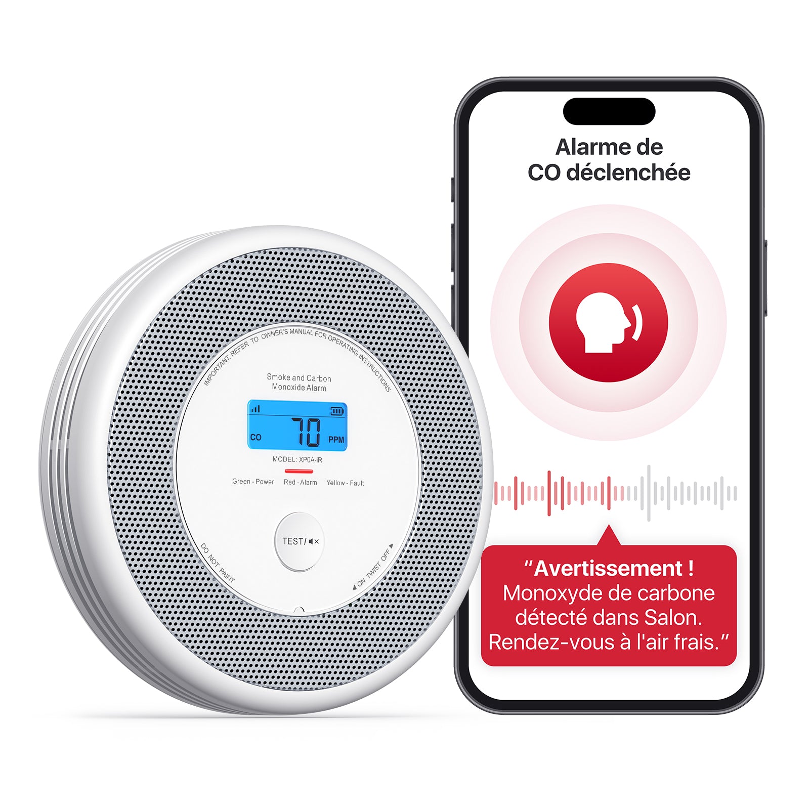 WiFi Détecteur de fumée et de monoxyde de carbone avec alerte vocale, XP0A-iR