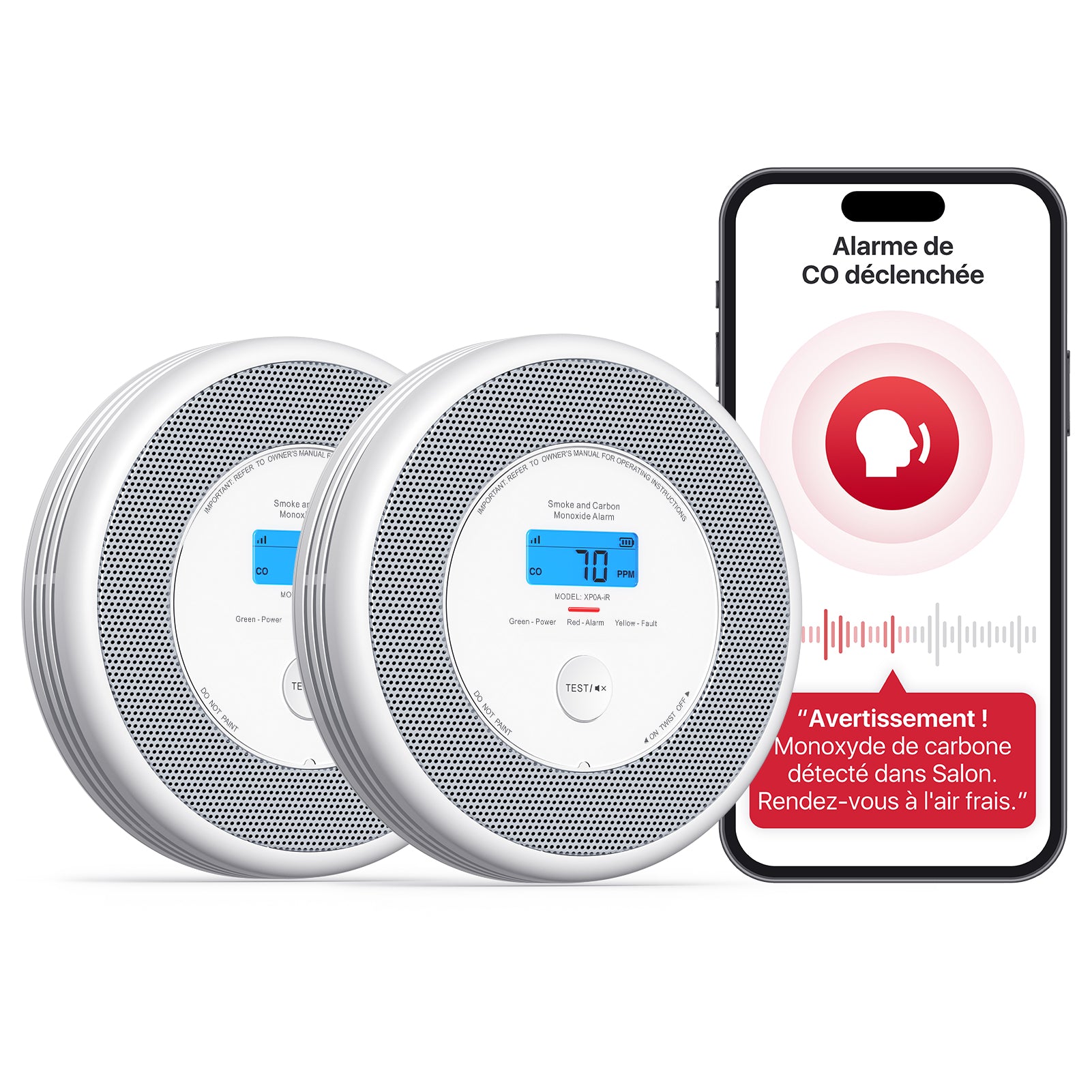 WiFi Détecteur de fumée et de monoxyde de carbone avec alerte vocale, XP0A-iR