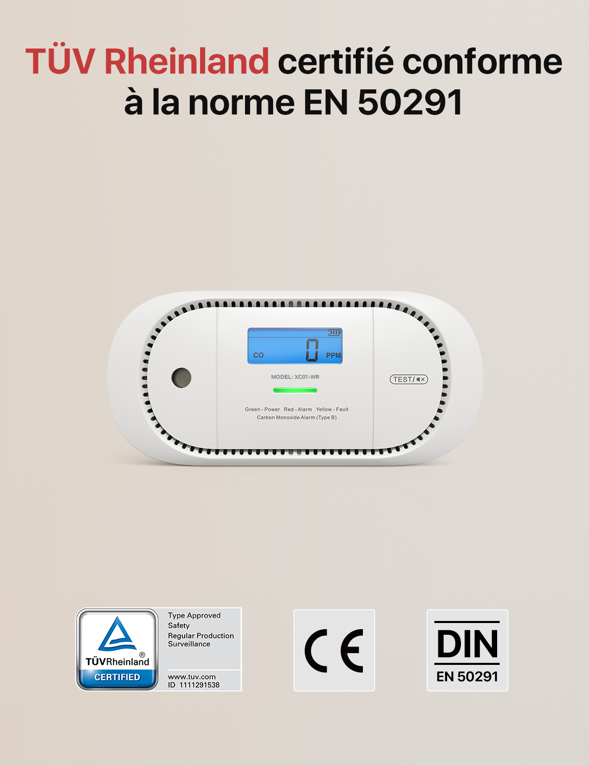 XC01-WR Détecteur de monoxyde de carbone sans fil interconnecté