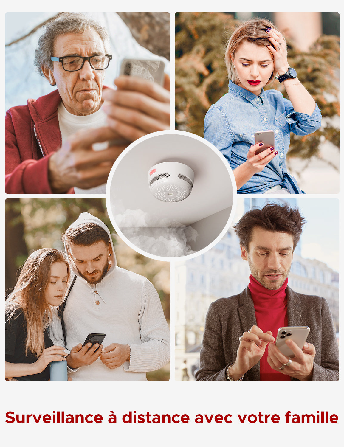 Au centre de l'image, un détecteur de fumée XS01-WX émet une alarme ; à côté, plusieurs personnes consultent des notifications sur leur téléphone.